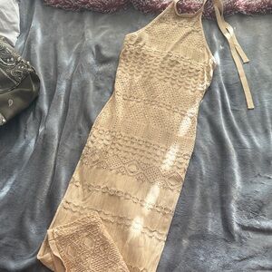 Crochet Halter Midi Dress in Light Beige